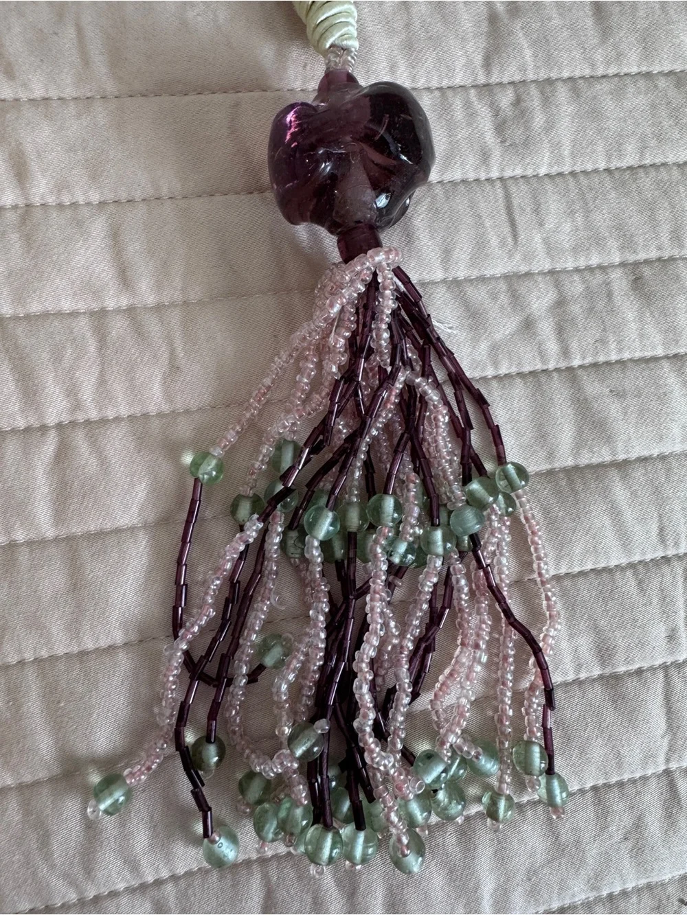 Vintage Beaded Tassel in Purple and Green - 11” drop and 29” tie back